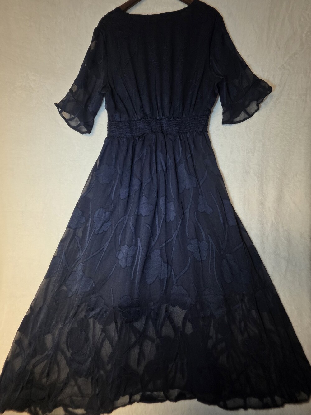 Elegant Navy Jacquard Lined Floral Bell Sleeve Ruffle Maxi Dress Size XL. - Picture 4 of 9